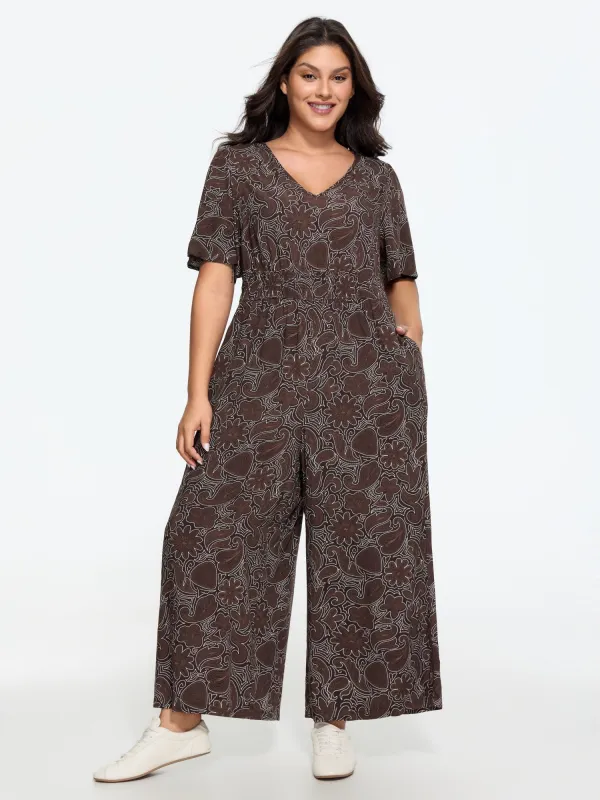 Supersoft Paisley Print V Neck Wide Leg Jumpsuit made by Bloomchic