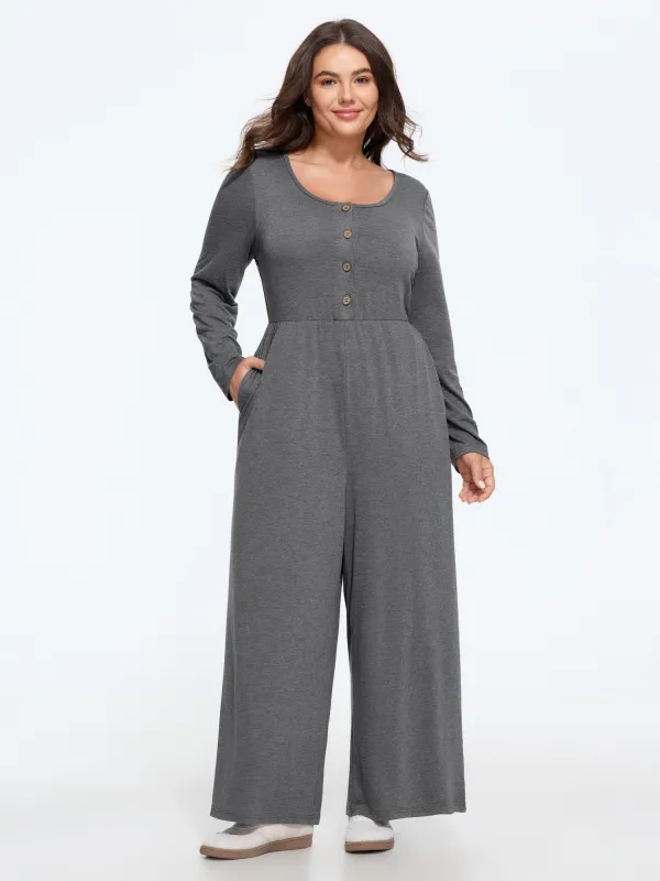 Supersoft Stretchy Button Wide‑Leg Jumpsuit made by Bloomchic