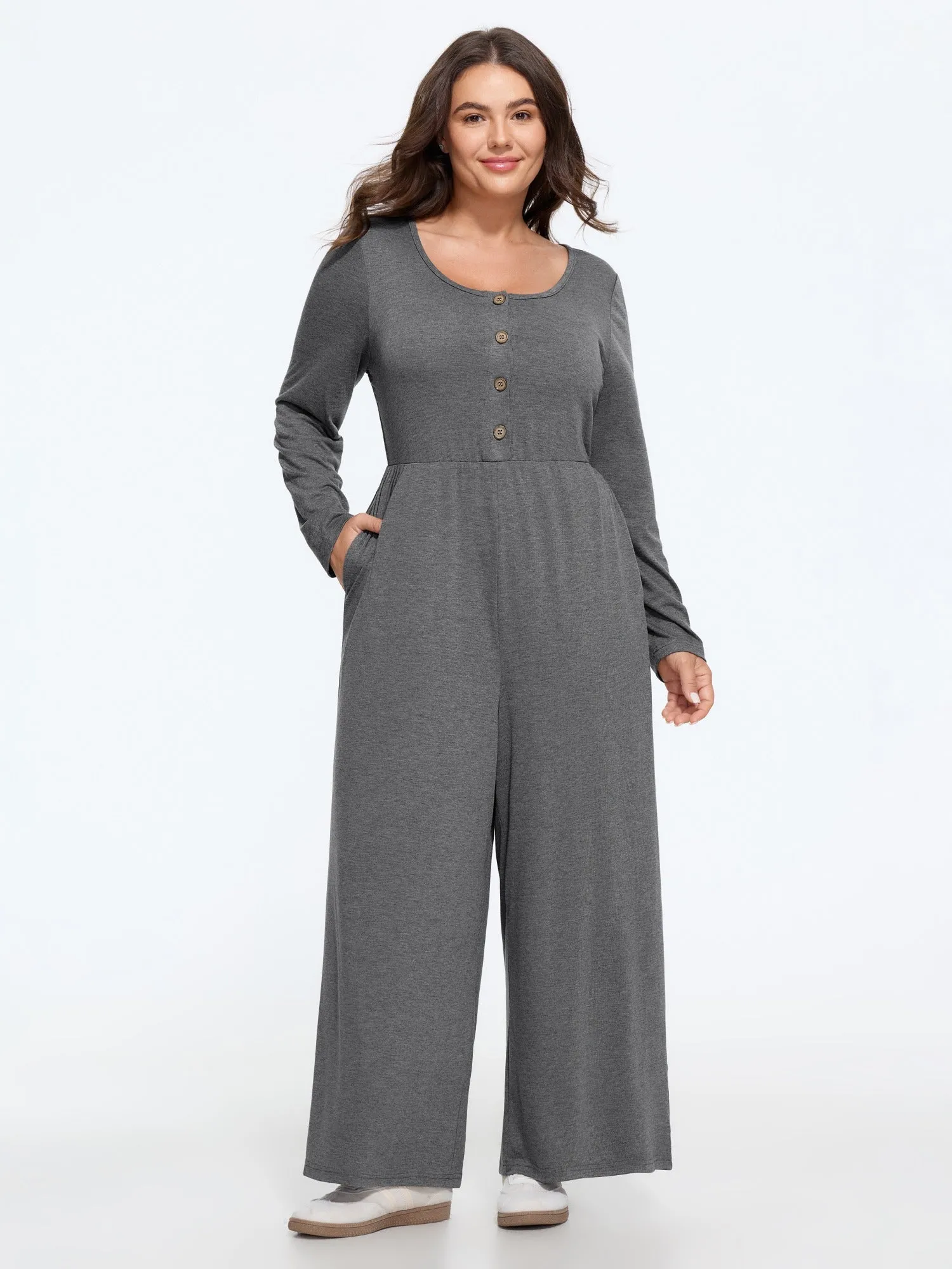 Supersoft Stretchy Button Wide‑Leg Jumpsuit sold by Bloomchic