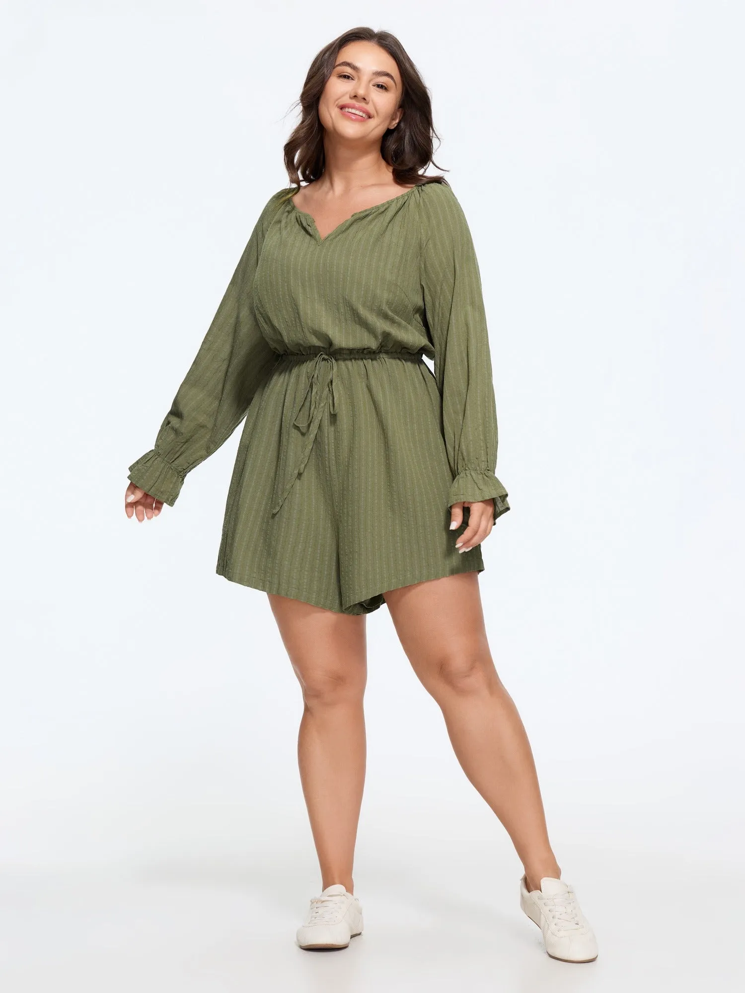 Textured Stripe Drawstring Waist Pocket Romper sold by Bloomchic product image thumbnail 4