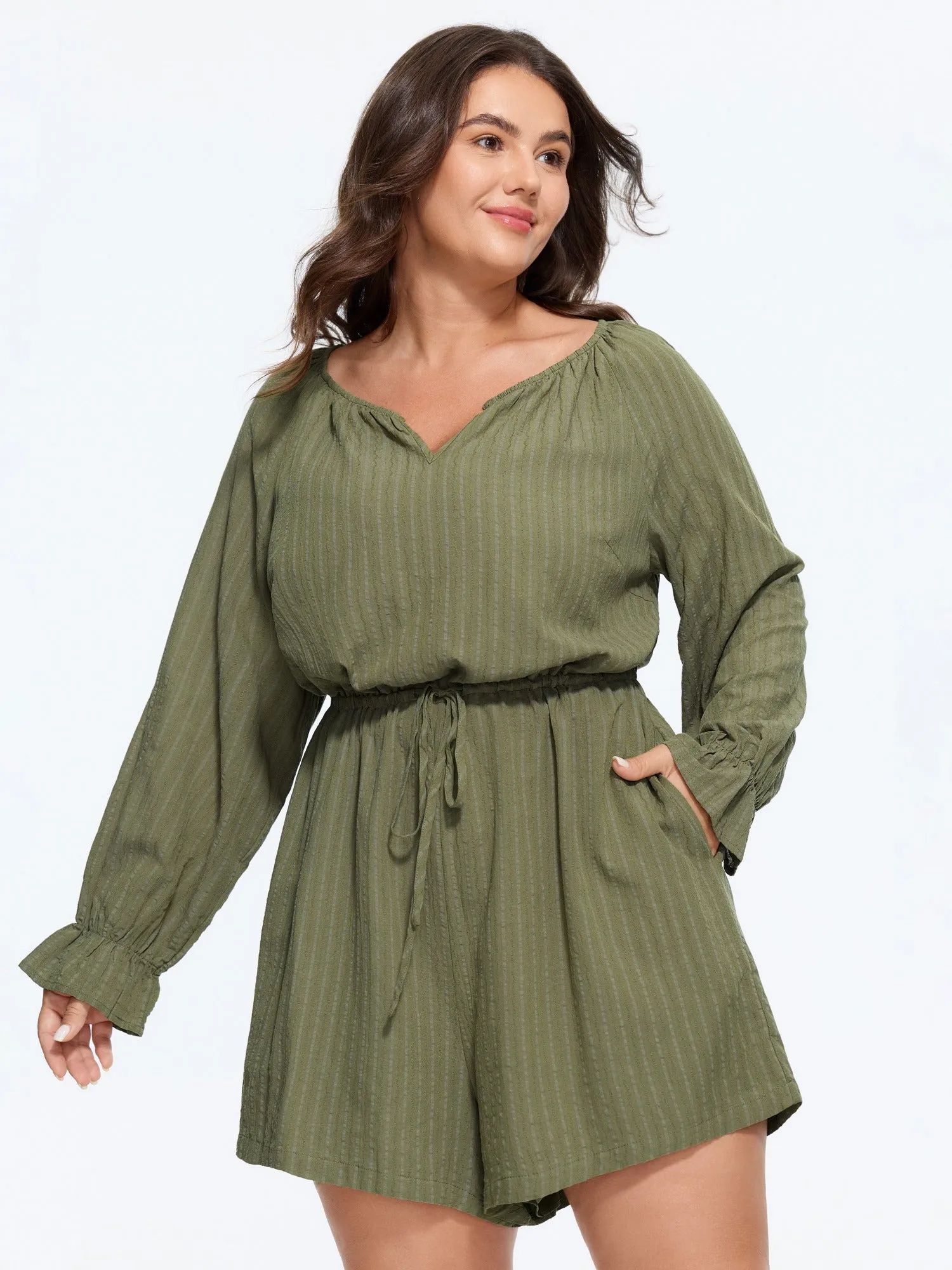 Textured Stripe Drawstring Waist Pocket Romper sold by Bloomchic