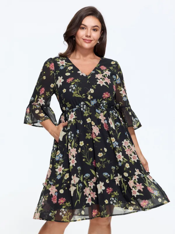 Floral Print V‑Neck Tiered Chiffon Mini Dress made by Bloomchic