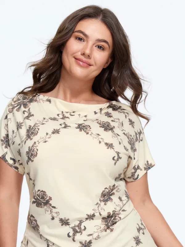 Supersoft Vintage Rose Floral Print Draped Neck T‑Shirt made by Bloomchic