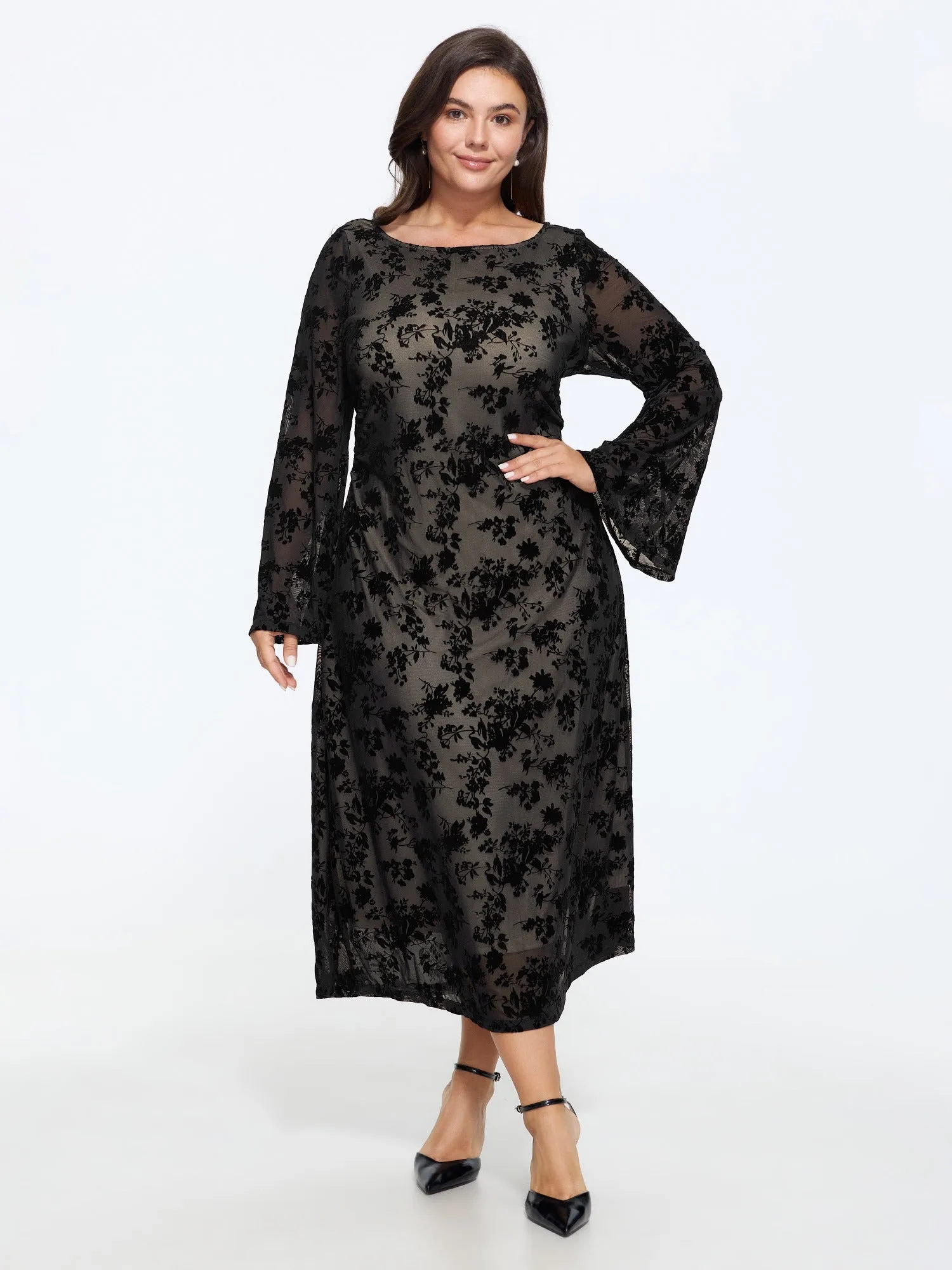 Stretch Mesh Flocked Midi Dress sold by Bloomchic