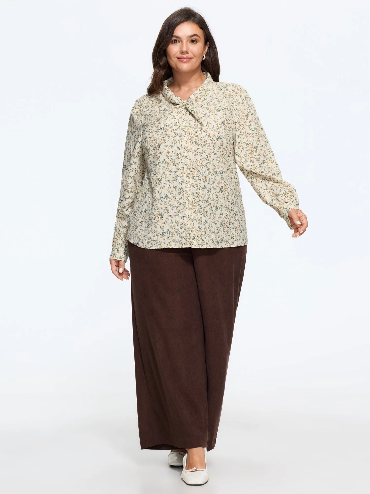 Ditsy Floral Print Bow Tie Button‑Down Blouse sold by Bloomchic product image thumbnail 4
