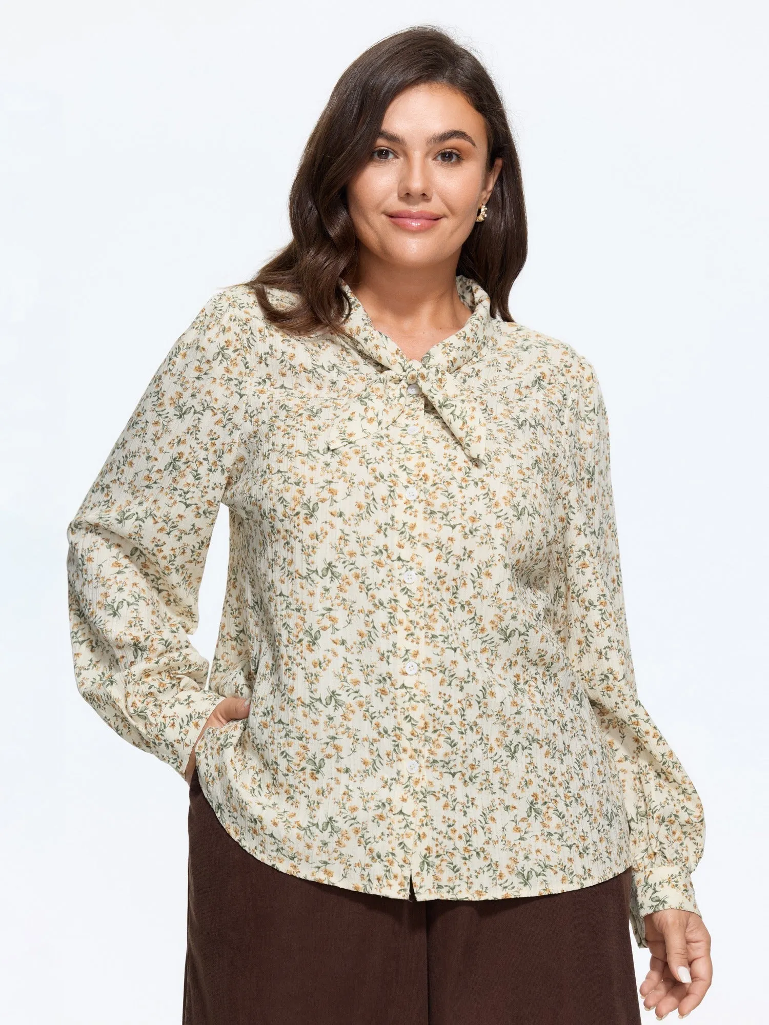 Ditsy Floral Print Bow Tie Button‑Down Blouse sold by Bloomchic product image thumbnail 2