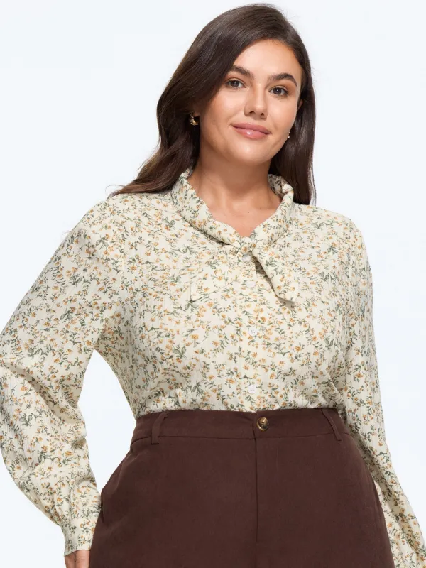 Ditsy Floral Print Bow Tie Button‑Down Blouse made by Bloomchic