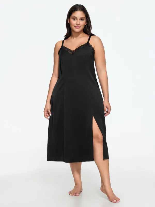 V‑Neck Lace Trim Side Slit Nightgown made by Bloomchic