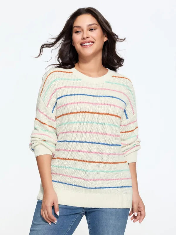 Rainbow Stripe Cut Out Drop‑Shoulder Pullover made by Bloomchic