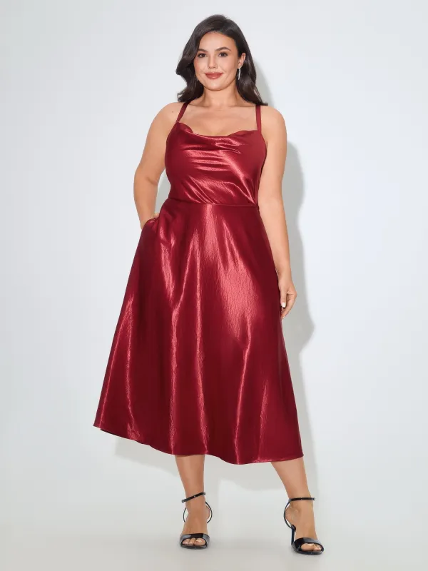 Satin Cowl Neck Pocket Midi Dress made by Bloomchic