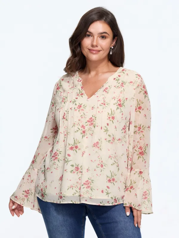 Floral Print Front Button Pleated Chiffon Blouse made by Bloomchic