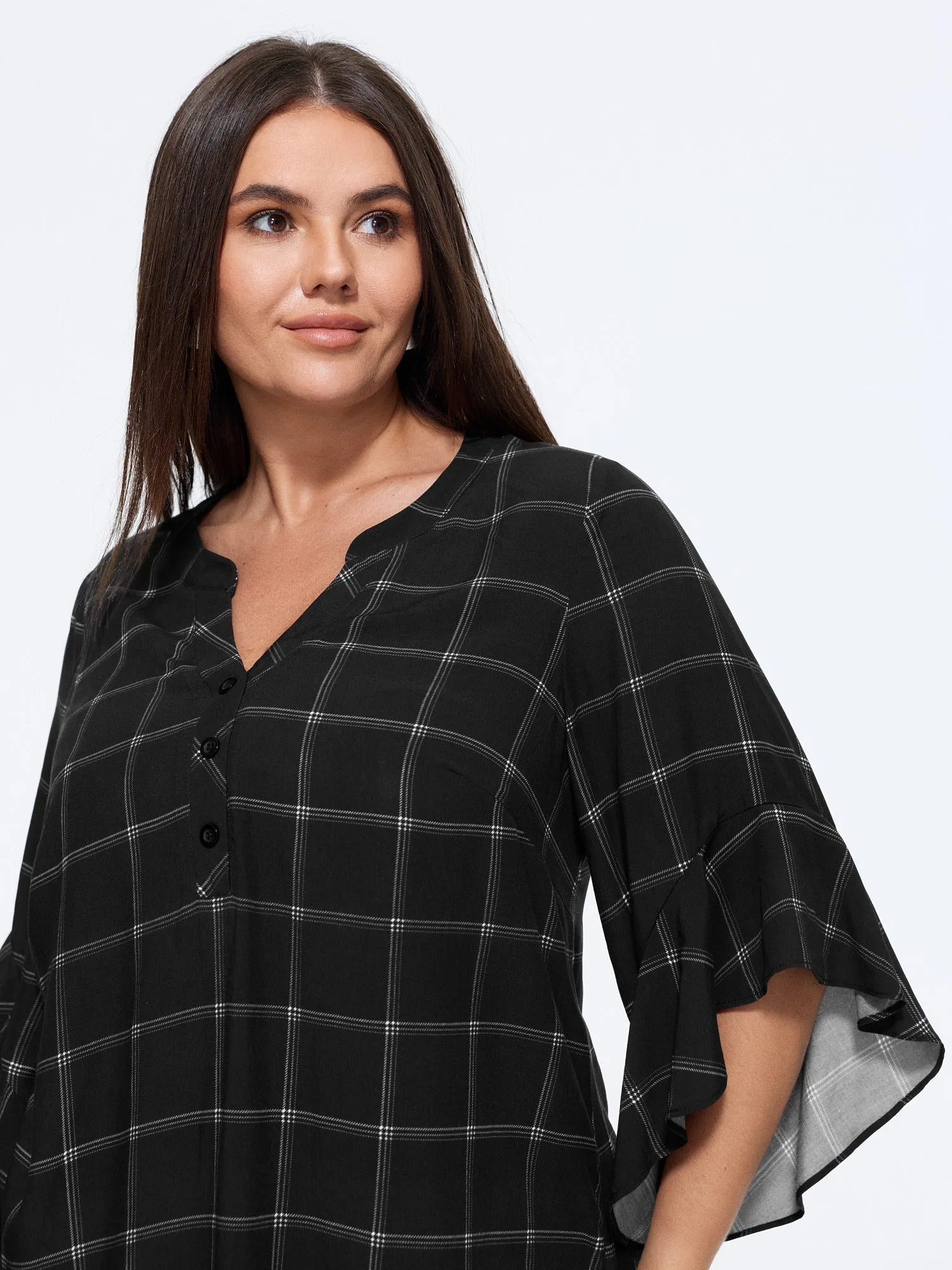 Plaid Notched Neck Ruffle Sleeve Blouse sold by Bloomchic product image thumbnail 2