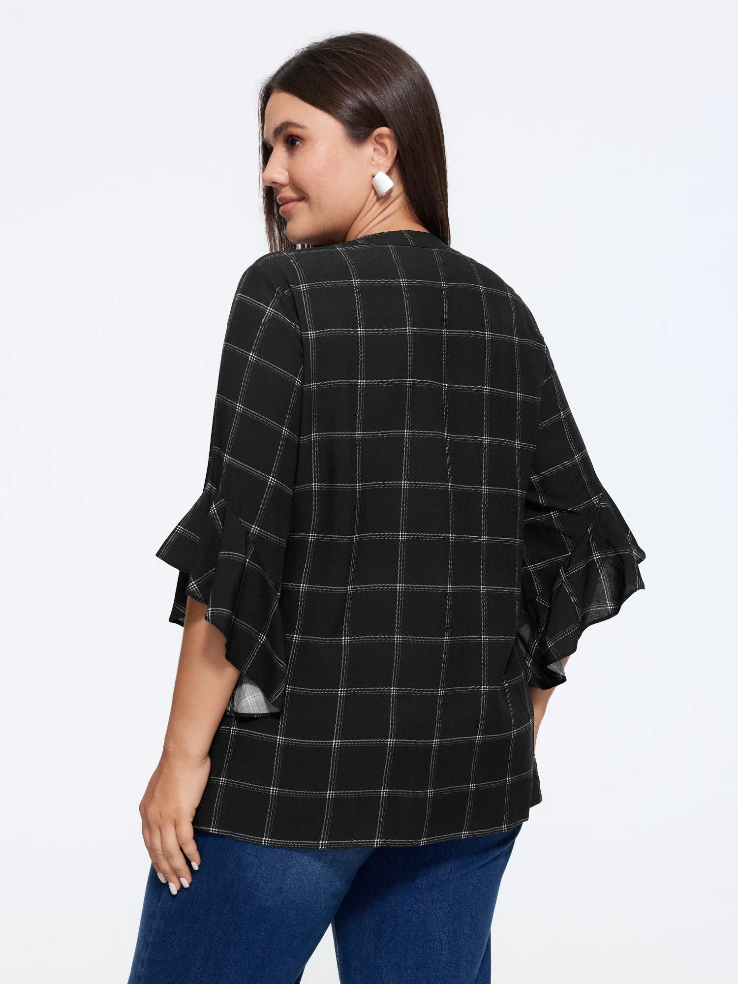 Plaid Notched Neck Ruffle Sleeve Blouse sold by Bloomchic product image thumbnail 3