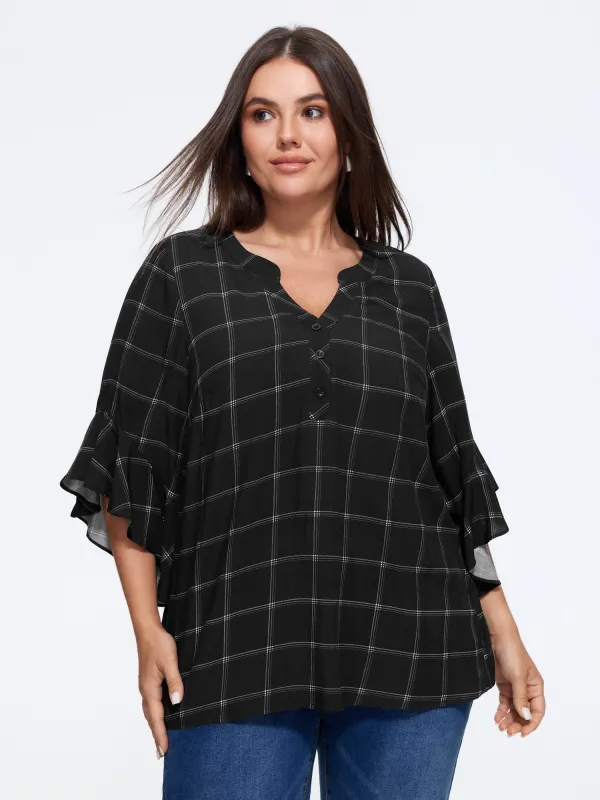 Plaid Notched Neck Ruffle Sleeve Blouse made by Bloomchic