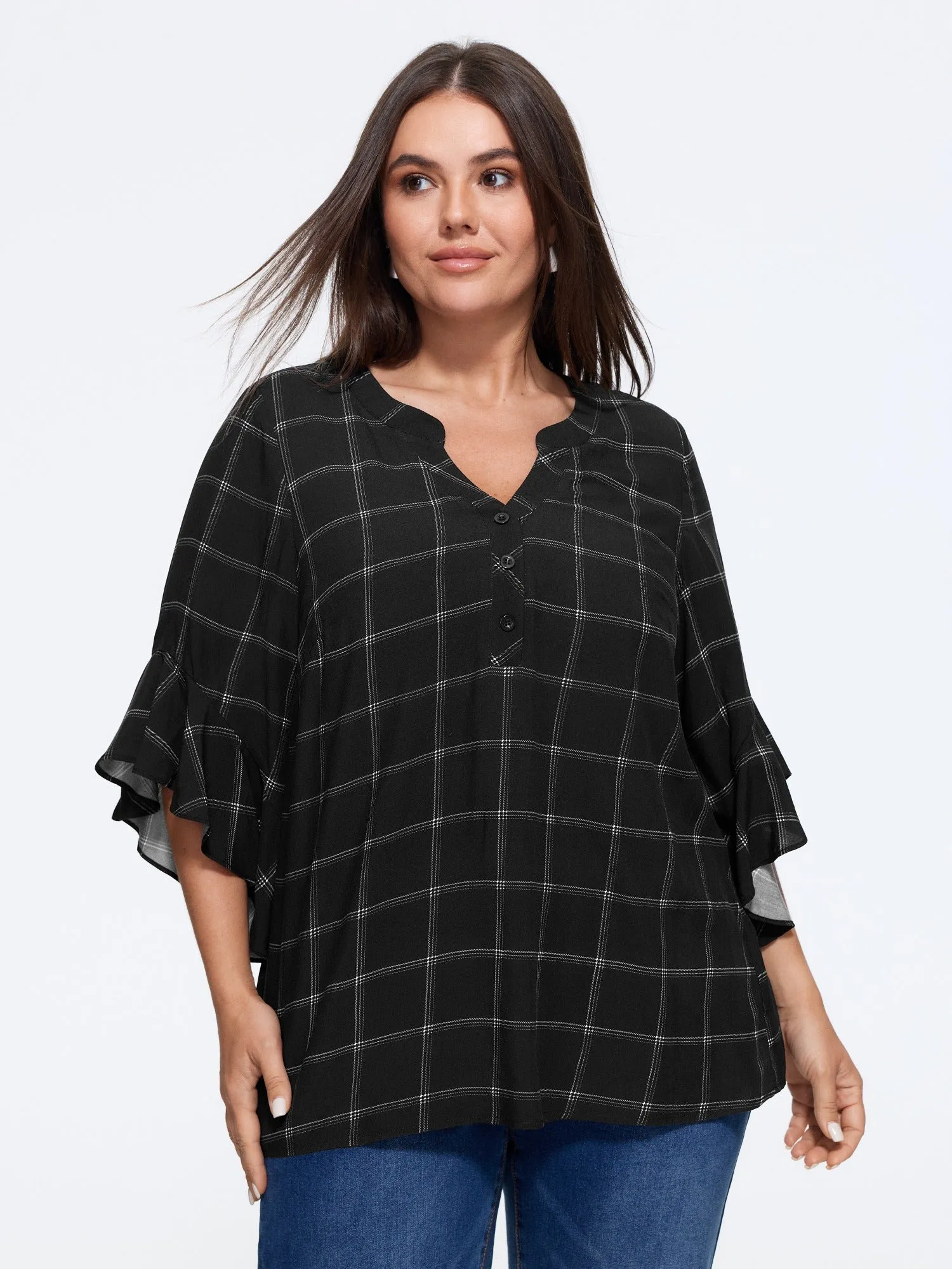 Plaid Notched Neck Ruffle Sleeve Blouse sold by Bloomchic