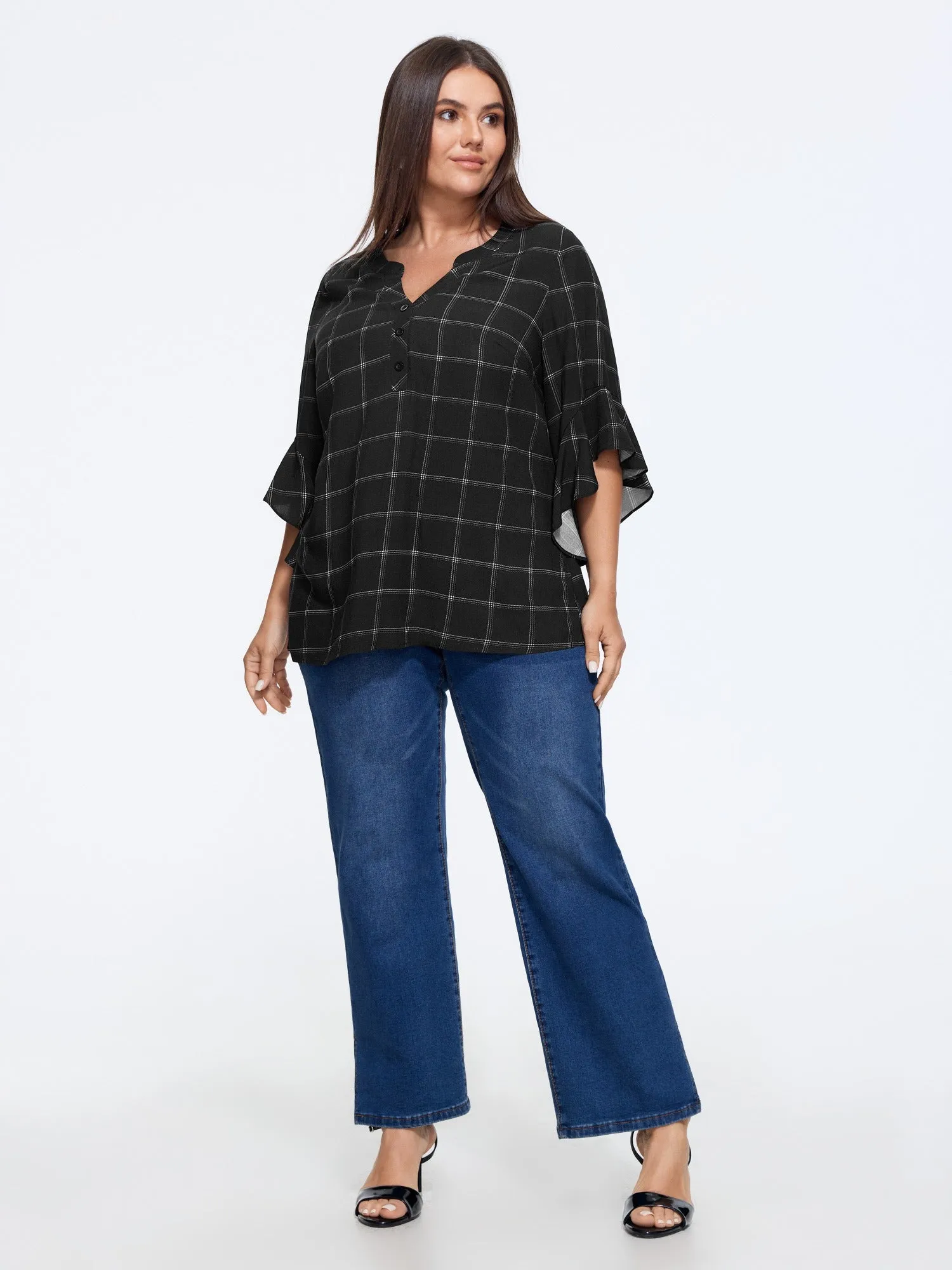 Plaid Notched Neck Ruffle Sleeve Blouse sold by Bloomchic product image thumbnail 4