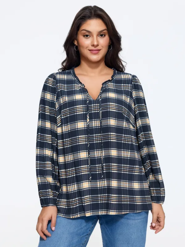 Plaid Ruffle Trim V‑Neck Tie‑Front Blouse made by Bloomchic