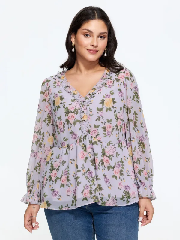 Floral V‑Neck Ruffle Trim Chiffon Blouse made by Bloomchic