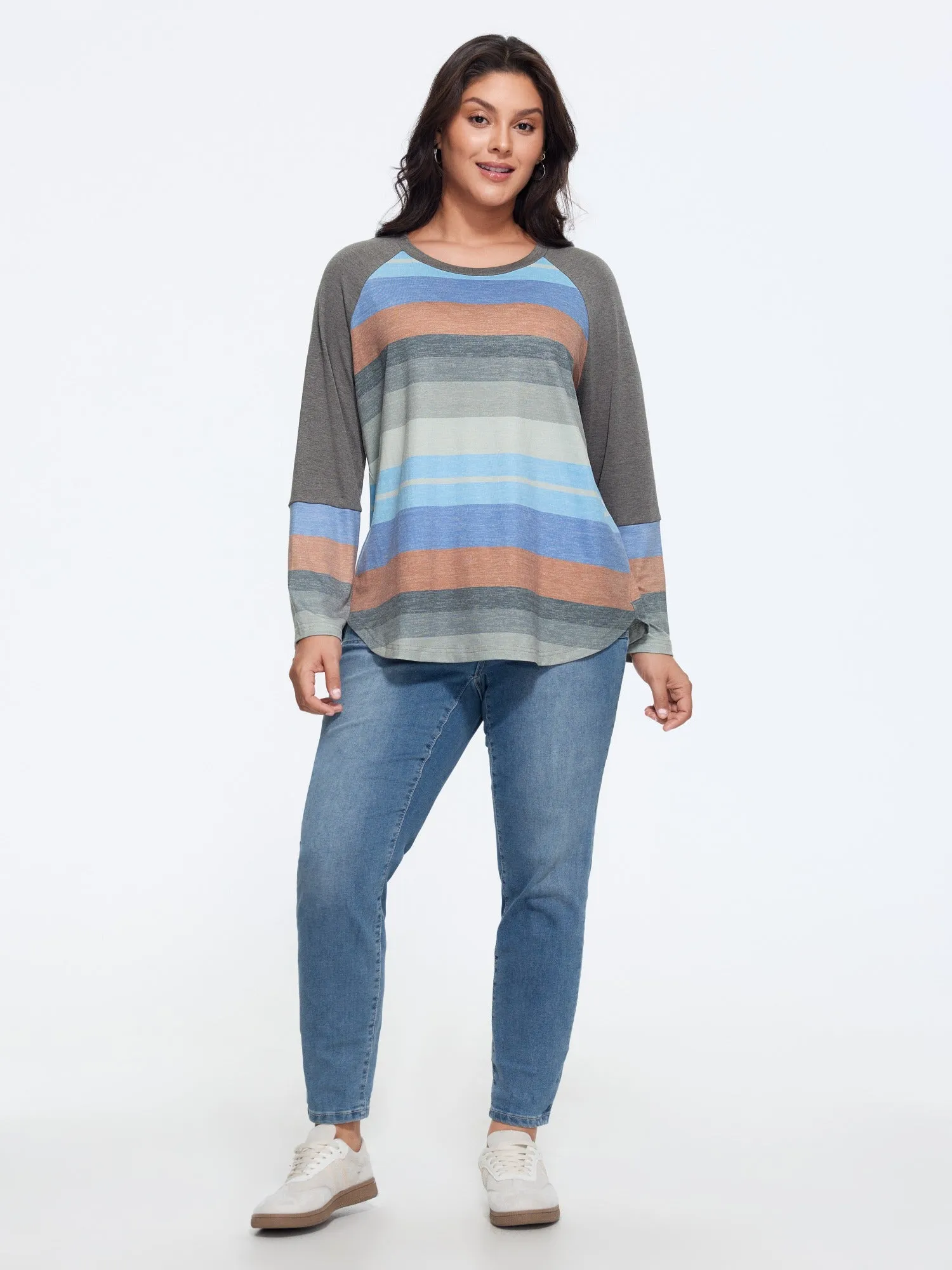 Supersoft Stretch Multicolor Stripe Raglan Sleeve T‑Shirt sold by Bloomchic product image thumbnail 4