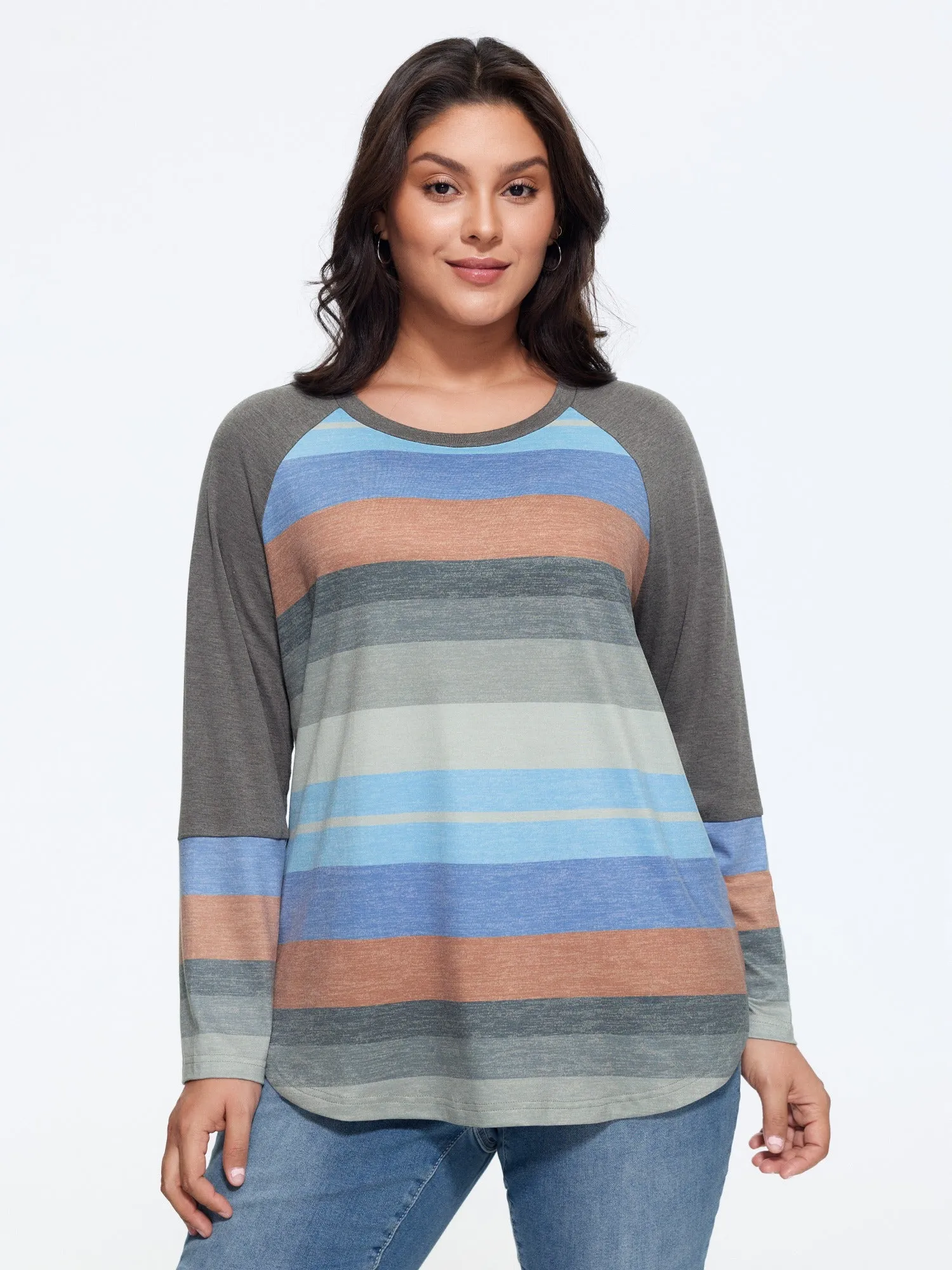 Supersoft Stretch Multicolor Stripe Raglan Sleeve T‑Shirt sold by Bloomchic