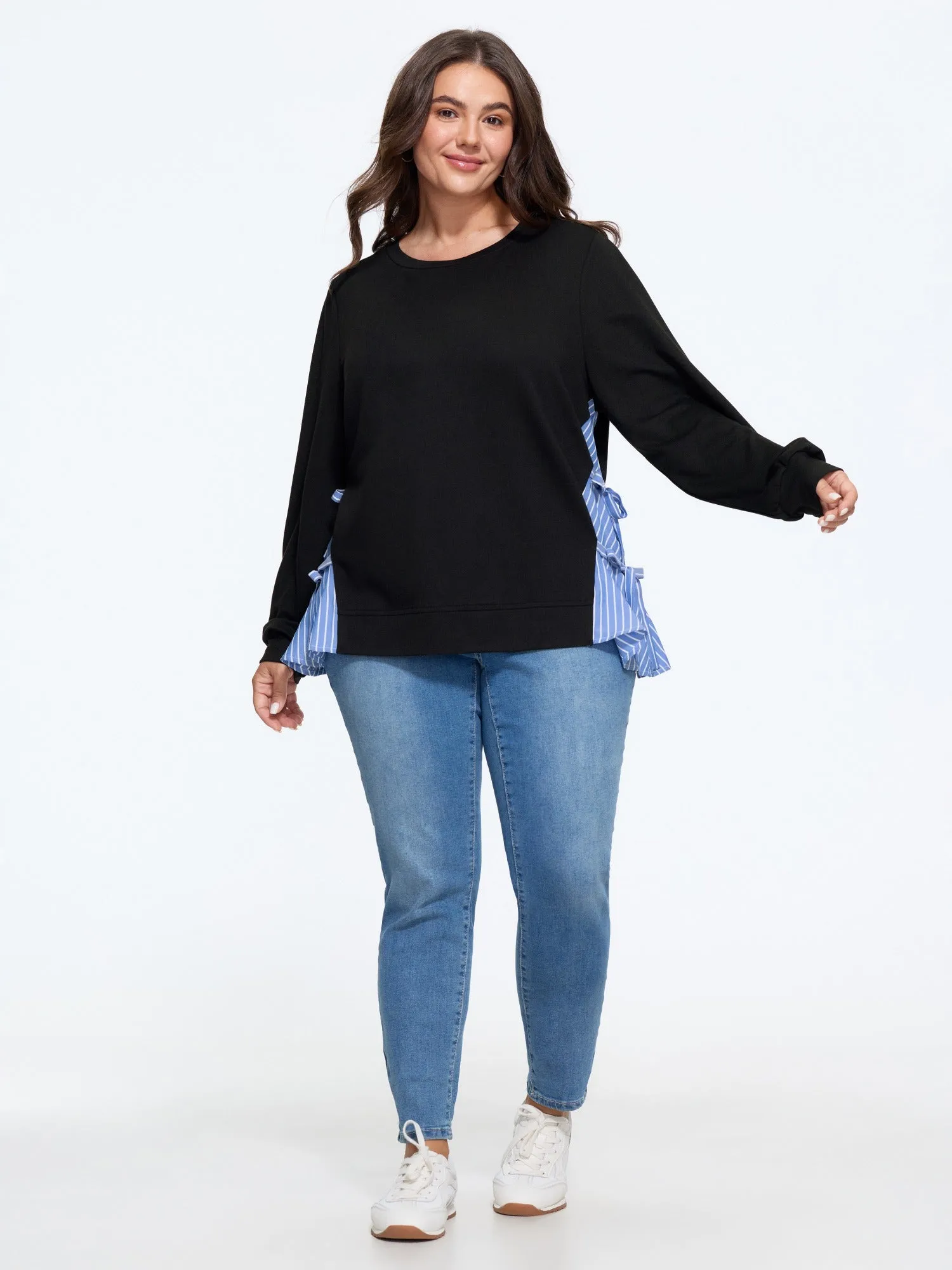 Supersoft Stripe Side Patchwork Bow Tie Detail Sweatshirt sold by Bloomchic product image thumbnail 4