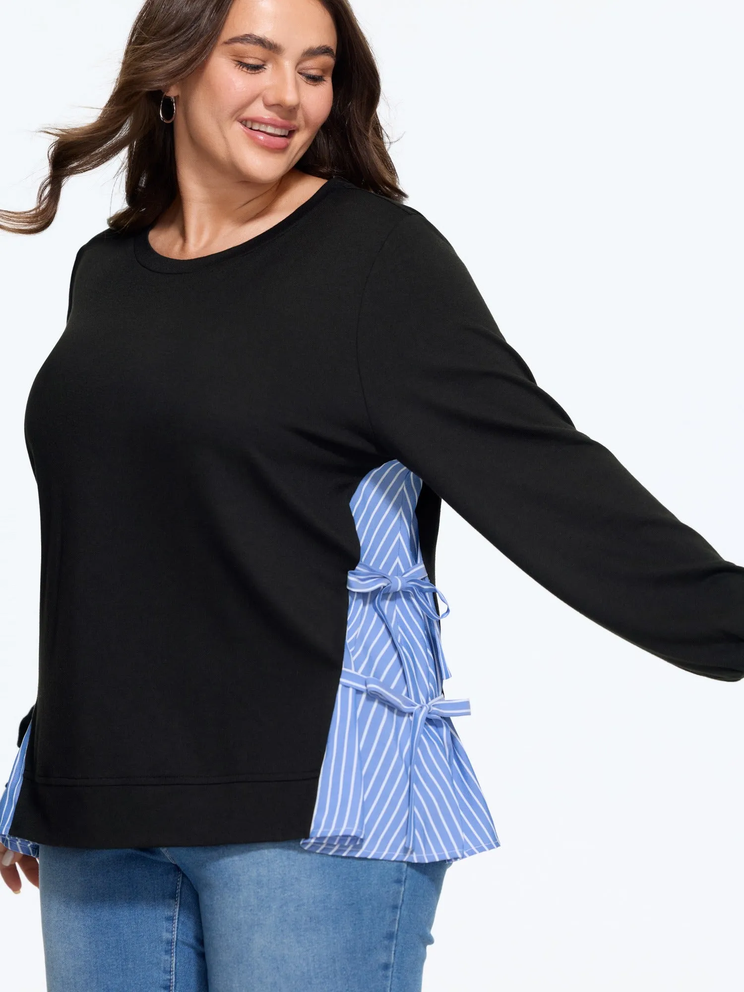 Supersoft Stripe Side Patchwork Bow Tie Detail Sweatshirt sold by Bloomchic