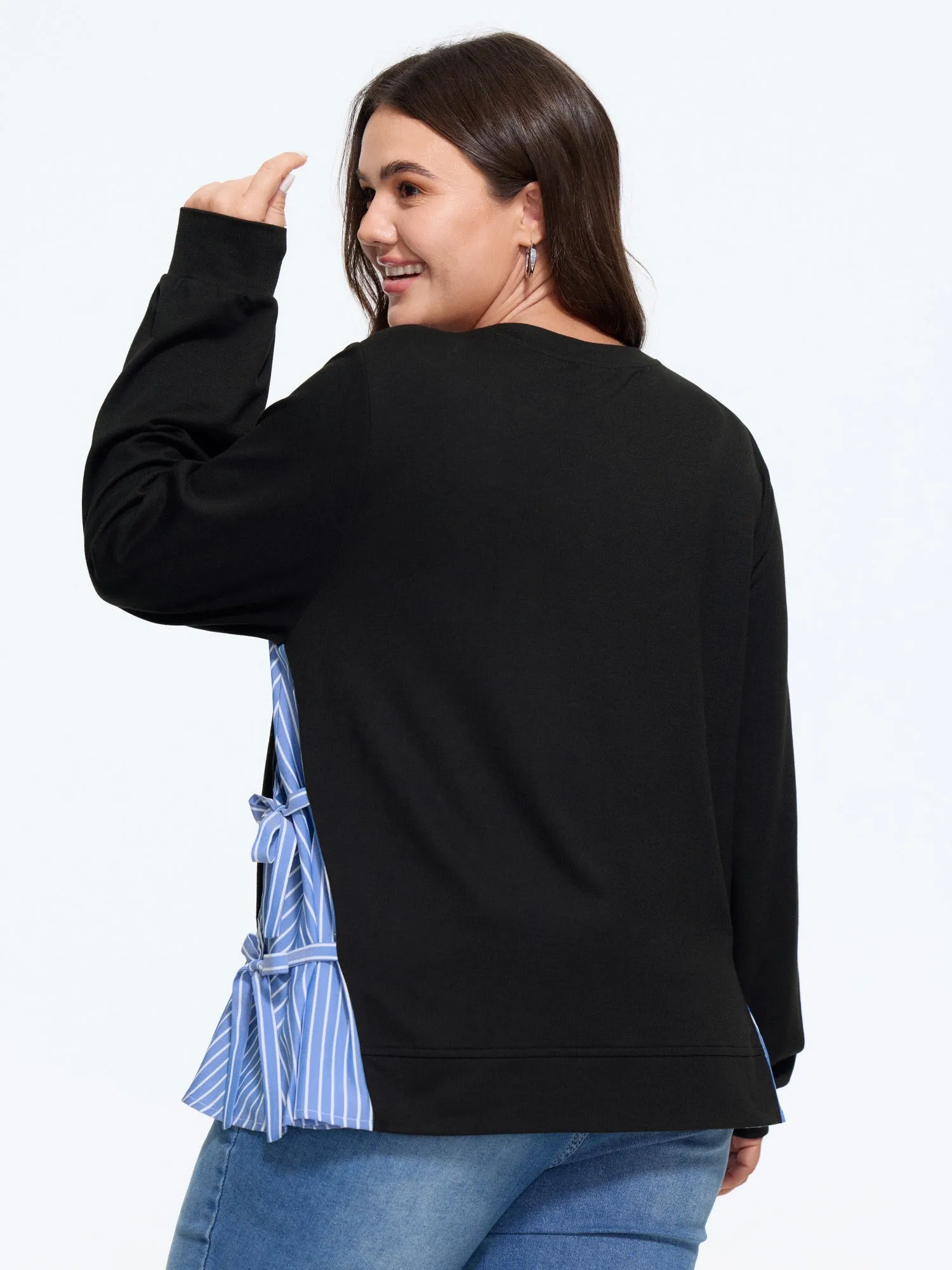 Supersoft Stripe Side Patchwork Bow Tie Detail Sweatshirt sold by Bloomchic product image thumbnail 3