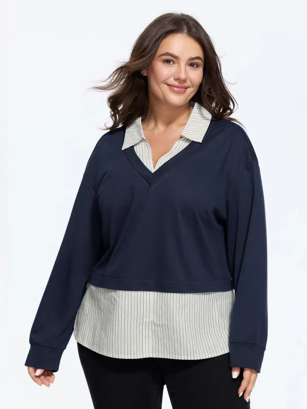 2 In 1 Lapel Collar Striped Hem Blouse made by Bloomchic