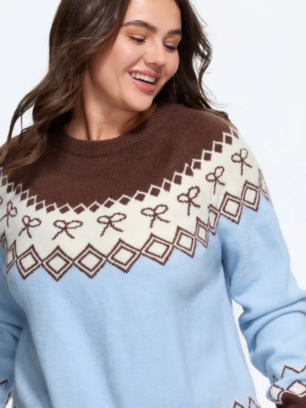 Retro Bow & Diamond Pattern Color Contrast Pullover made by Bloomchic