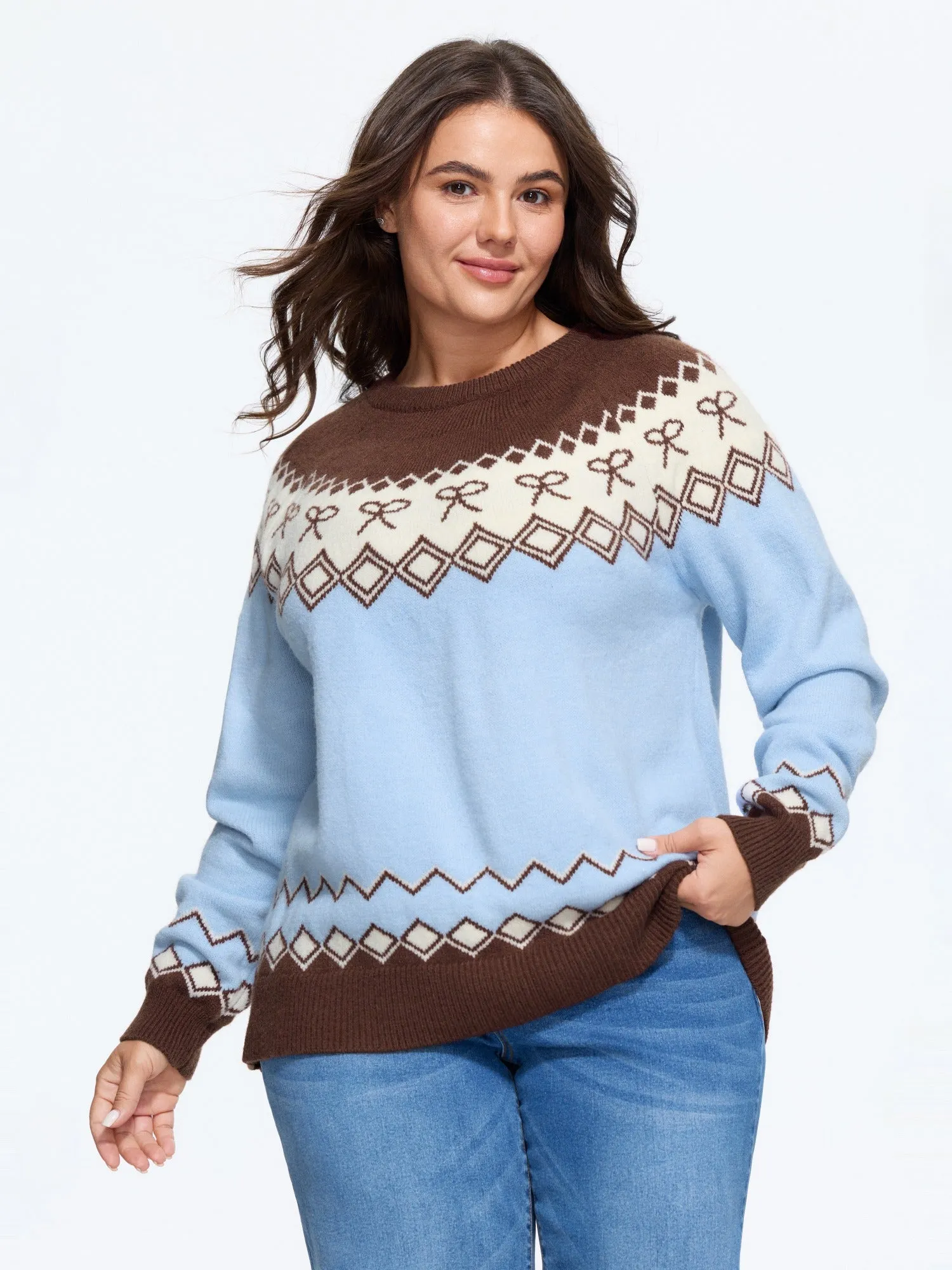 Retro Bow & Diamond Pattern Color Contrast Pullover sold by Bloomchic product image thumbnail 2