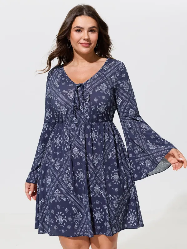 Paisley Print Tie Front Flare Sleeve Mini Dress made by Bloomchic