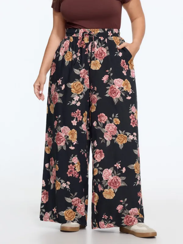 Floral Print Drawstring Waist Wide‑Leg Pants made by Bloomchic