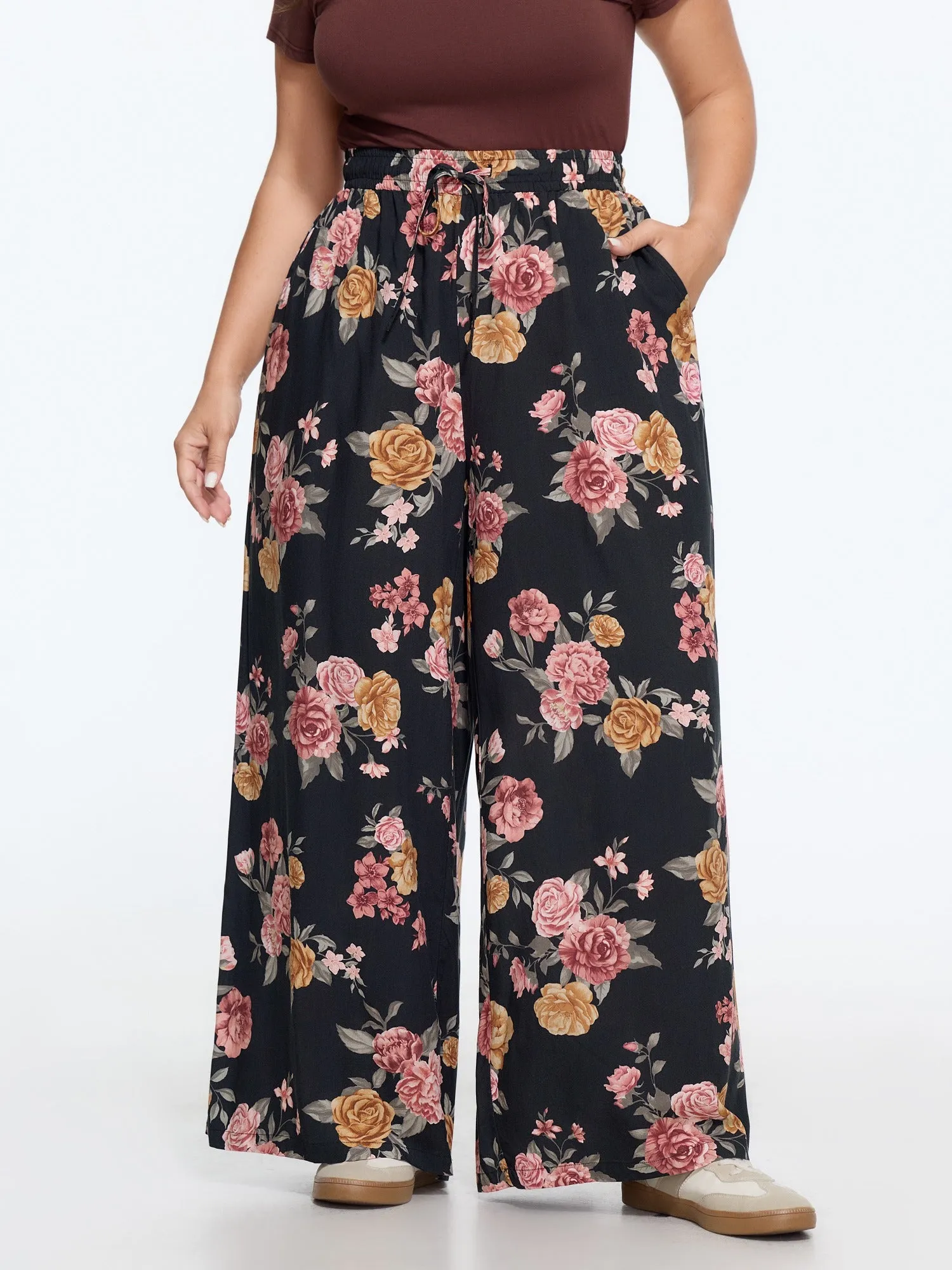 Floral Print Drawstring Waist Wide‑Leg Pants sold by Bloomchic