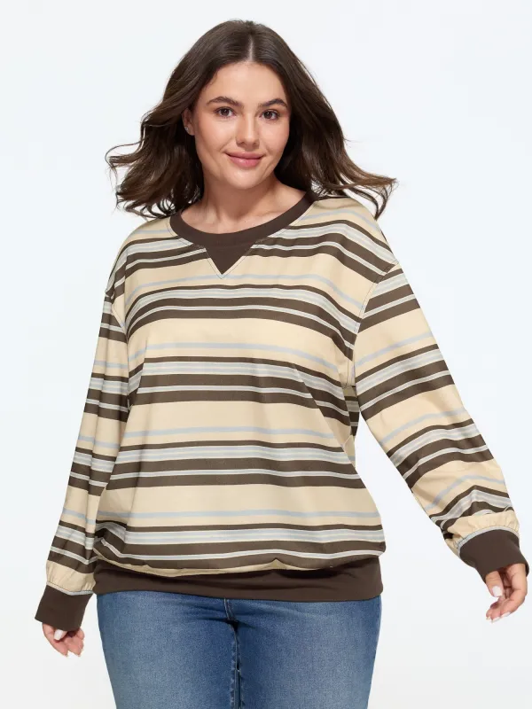Crew Neck Color Contrast Striped Sweatshirt made by Bloomchic