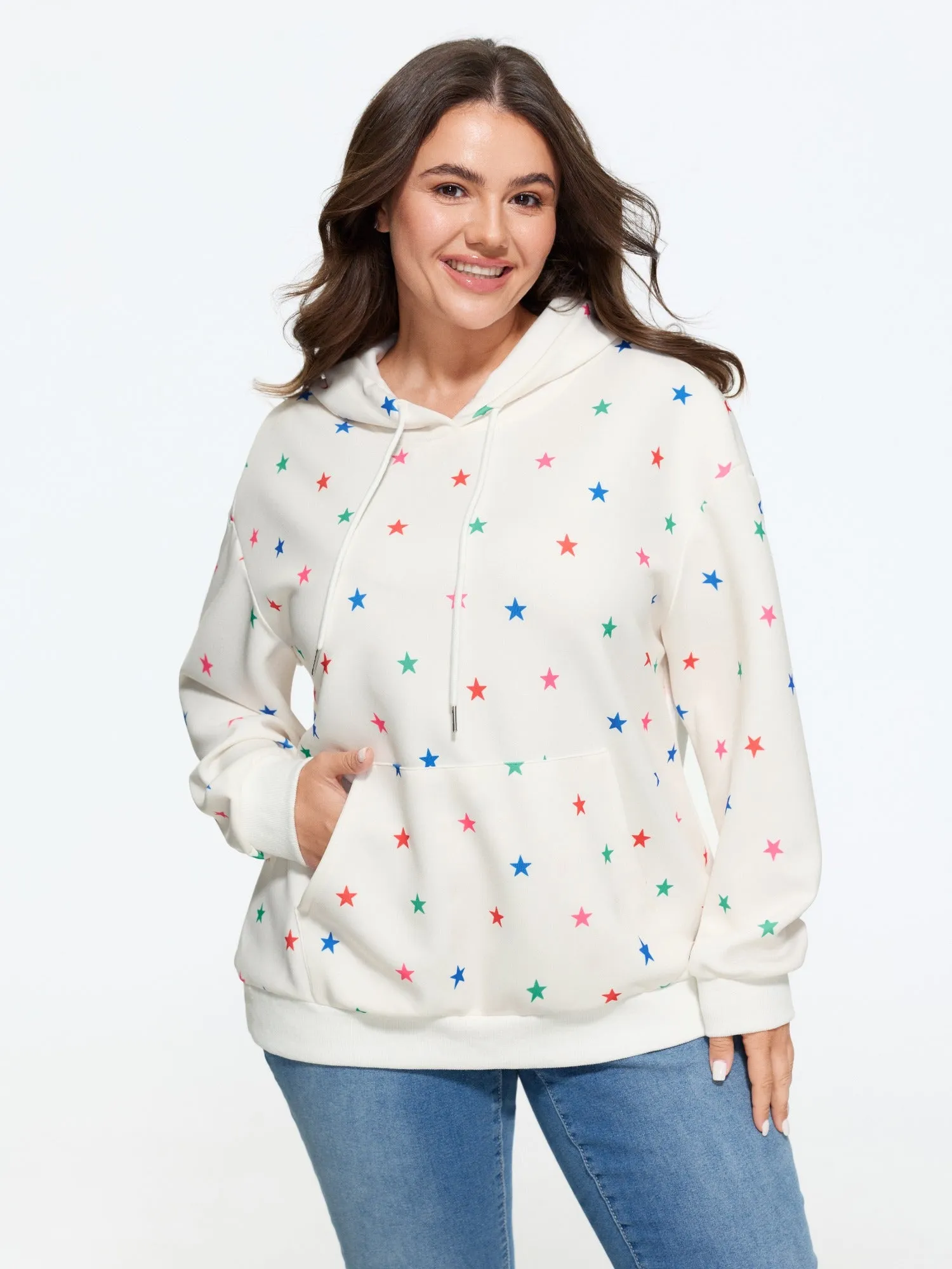 Stretch Star Print Pocket Hooded Sweatshirt sold by Bloomchic