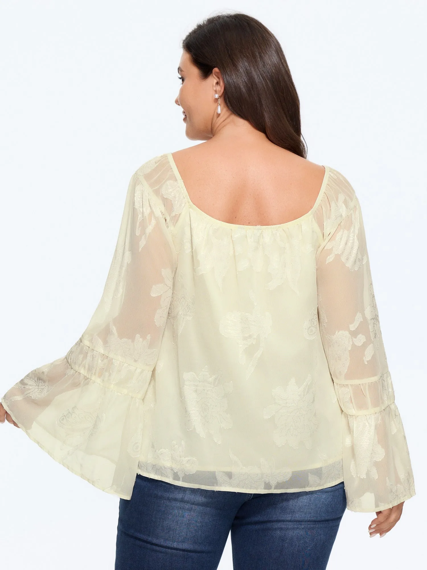 Textured Floral Bell Sleeve Sheer Mesh Blouse sold by Bloomchic product image thumbnail 3