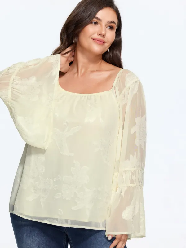 Textured Floral Bell Sleeve Sheer Mesh Blouse made by Bloomchic