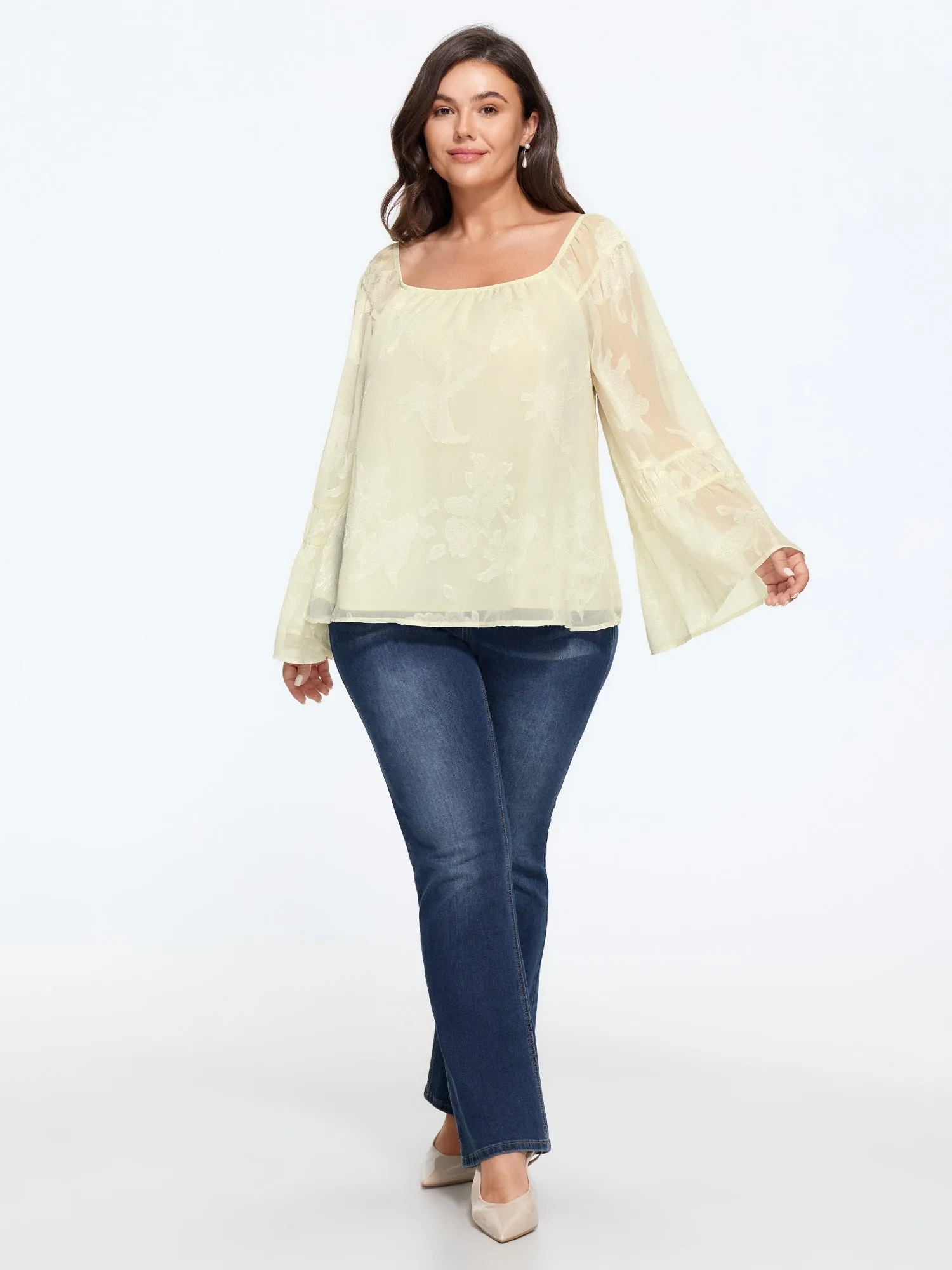 Textured Floral Bell Sleeve Sheer Mesh Blouse sold by Bloomchic product image thumbnail 4