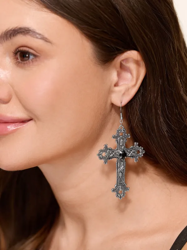 Gothic Vintage Cross Black Crystal Dangle Earrings made by Bloomchic