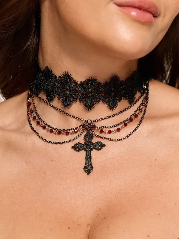 Gothic Lace Layered Cross Choker Necklace made by Bloomchic