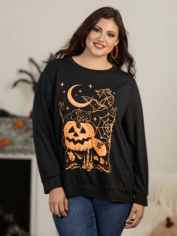 Stretch Halloween Cat Pumpkin Moon Print Sweatshirt made by Bloomchic