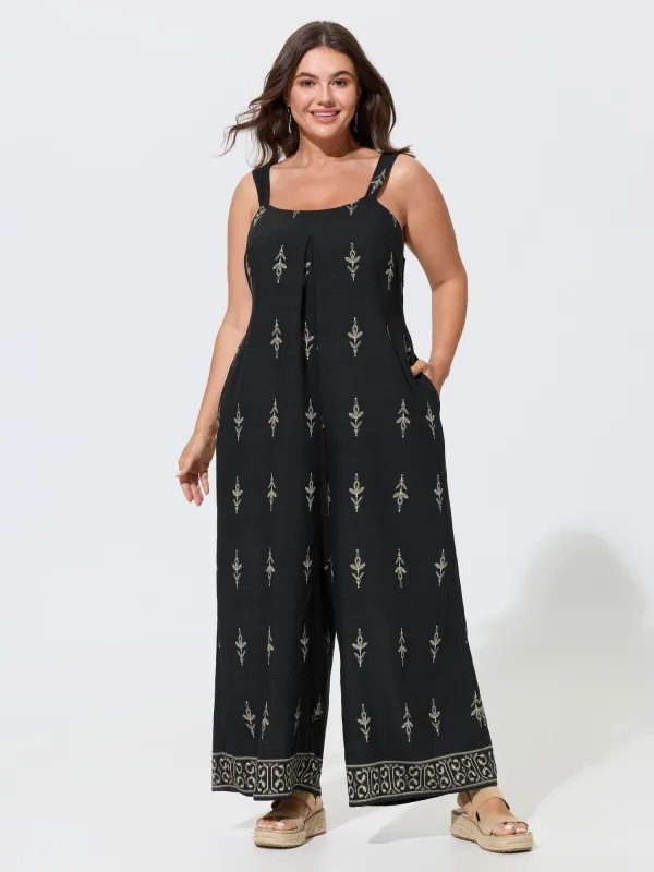 Boho Print Shirred Wide Leg Jumpsuit made by Bloomchic