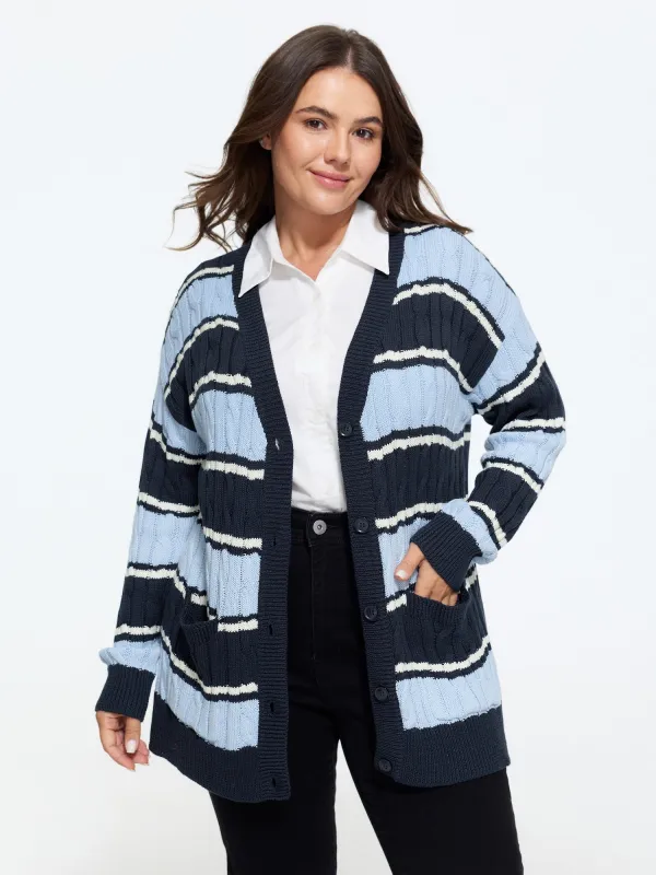 Striped Pocket Button‑Front Cable Knit Cardigan made by Bloomchic