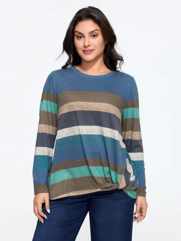 Color Block Stripe Knot Hem T-Shirt made by Bloomchic