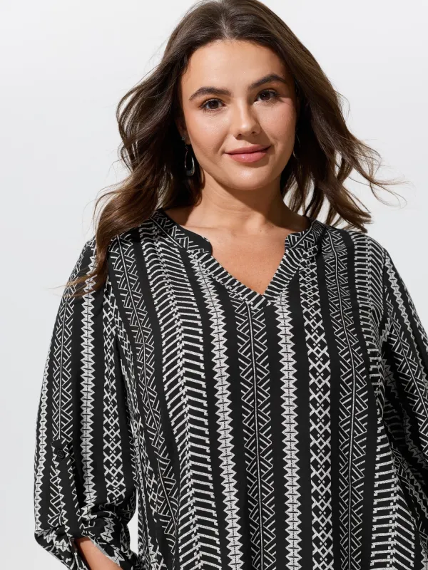 Boho Geometric Print Roll‑Tab Sleeve Blouse made by Bloomchic