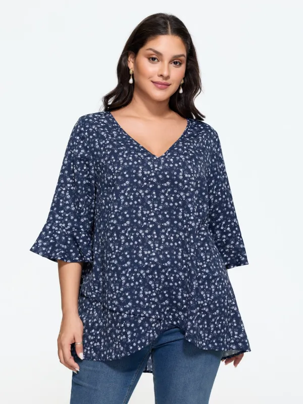 Ditsy Floral Print Asymmetrical Layered Hem Tunic Blouse made by Bloomchic