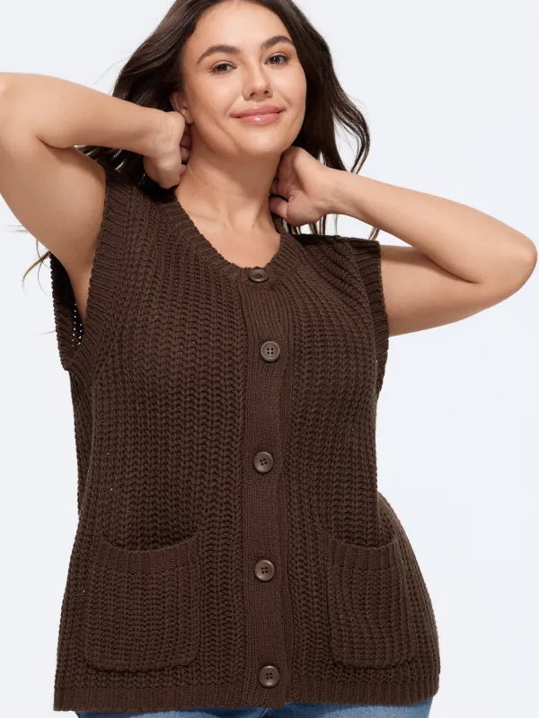 Round Neck Button‑Front Chunky Knit Sweater Vest made by Bloomchic