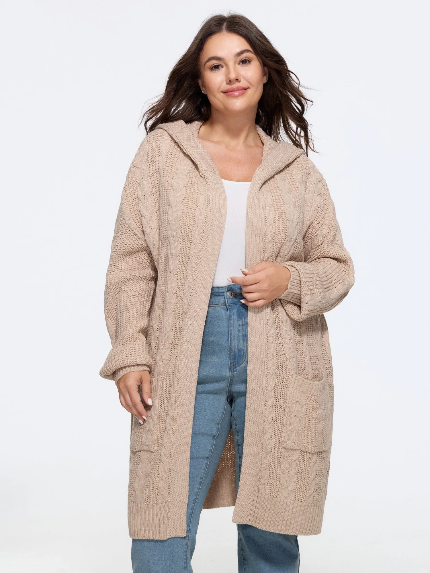 Open‑Front Pocket Cable Knit Hooded Cardigan sold by Bloomchic product image thumbnail 2
