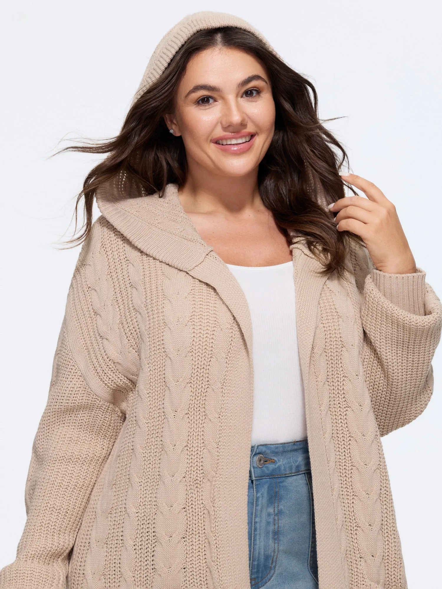 Open‑Front Pocket Cable Knit Hooded Cardigan sold by Bloomchic