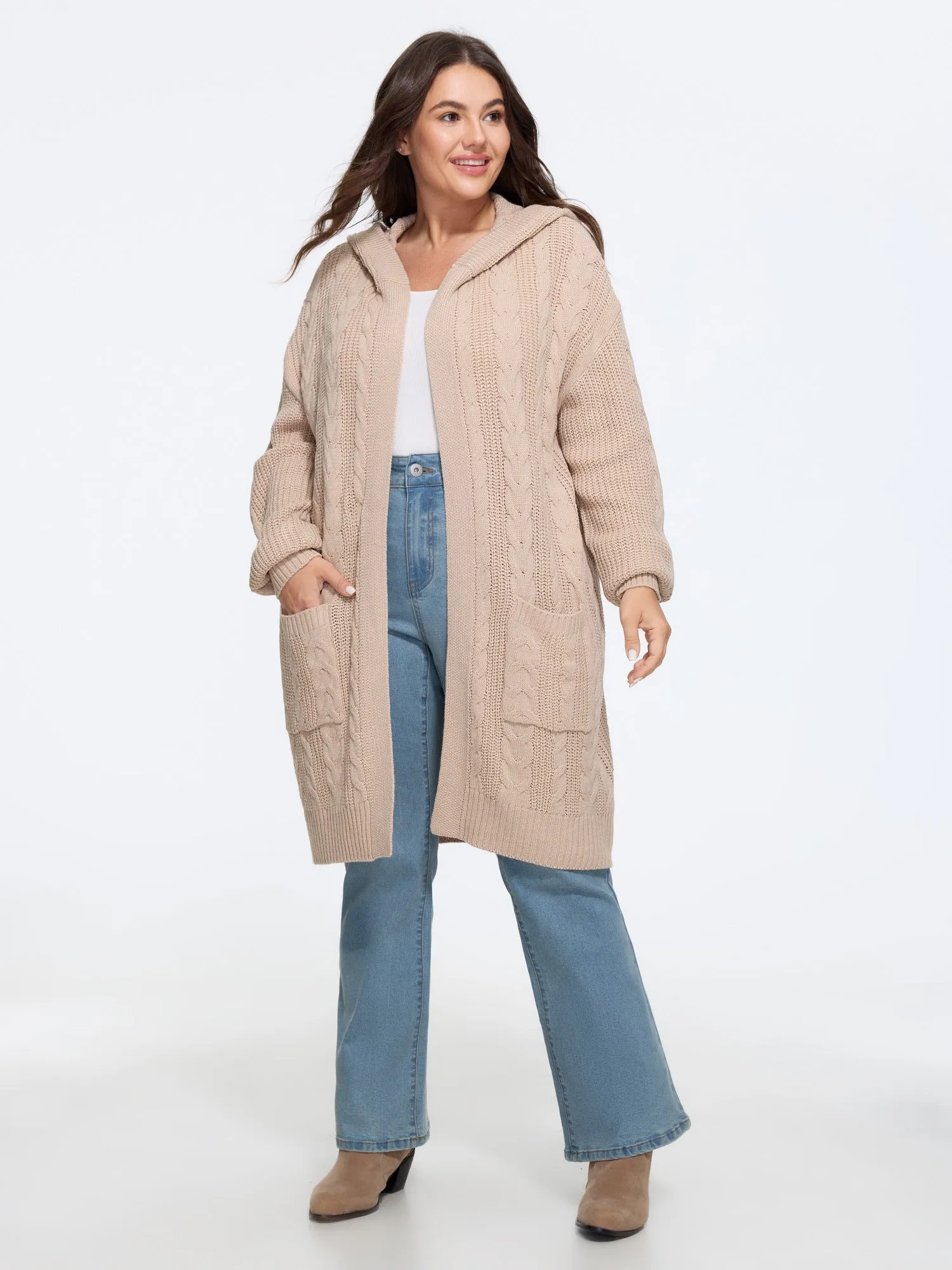 Open‑Front Pocket Cable Knit Hooded Cardigan sold by Bloomchic product image thumbnail 4